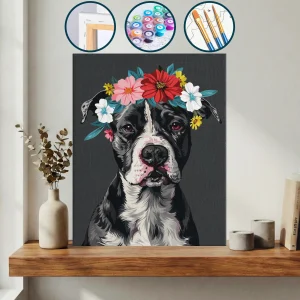 Kafasında Çiçek Taçlı Siyah Beyaz Köpek — Sayılarla Boyama Seti