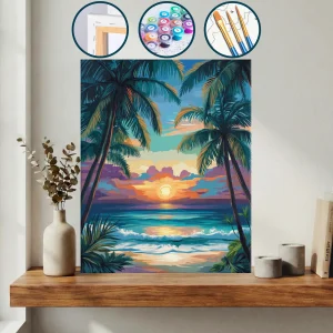 Palmiye Ağaçları Ve Dalgalarla Sahilde Tropikal Gün Batımı — Sayılarla Boyama Seti