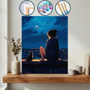 Gökyüzüne Bakan Bir Kediyle Bir Kenarda Oturan Kadın — Sayılarla Boyama Seti