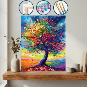 Etrafında Uçan Yaprakları Olan Bir Tepedeki Renkli Ağaç — Sayılarla Boyama Seti