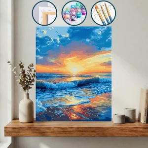 Okyanus Üzerinde Gün Batımı Ve Dalgalar Kıyıya Geliyor — Sayılarla Boyama Seti