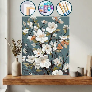 Mavi Zemin Üzerine Beyaz Çiçekli Ağaç — Sayılarla Boyama Seti