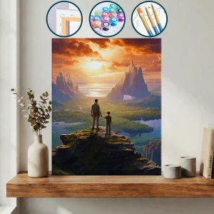 Baba Ve Oğul Bir Dağın Tepesinde Durup Gün Batımına Bakıyor — Sayılarla Boyama Seti