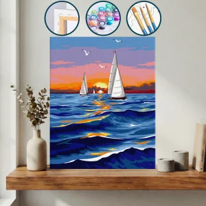 Gün Batımında Okyanusta İki Yelkenli Ve Etrafta Uçan Martılar — Sayılarla Boyama Seti