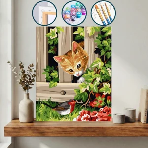 Ahşap Çitten Dışarı Bakan Kedi — Sayılarla Boyama Seti