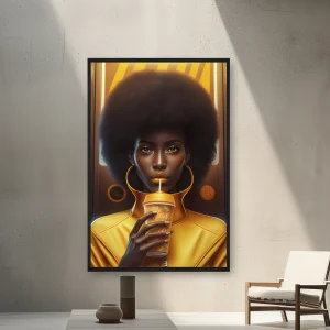 Yüzünün Önünde Bir İçki Tutan Bir Afro Olan Bir Kadın — Kanvas Tablo