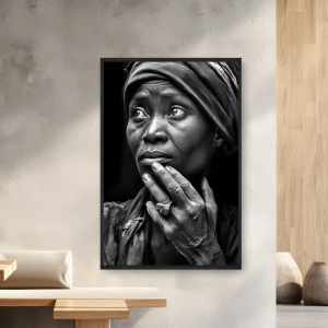 Bir Türbandaki Bir Kadının Siyah Beyaz Fotoğrafı Çenesinde Elleri — Kanvas Tablo