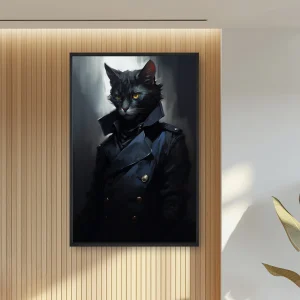 Sarı Gözlü Askeri Cekette Kara Kedi — Kanvas Tablo