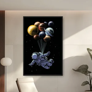 Uzay Takımında Bir Grup Balonla Uçan Bir Adam — Kanvas Tablo