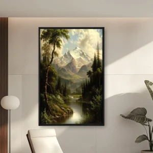 Ön Planda Bir Dere Ve Bir Nehir İle Bir Dağ Sahnesi — Kanvas Tablo