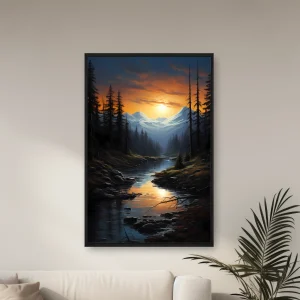 Ön Planda Bir Nehir Bulunan Bir Dağ Sahnesi — Kanvas Tablo