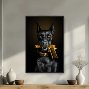 Ağzında Altın Silahlı Siyah Bir Köpek — Kanvas Tablo