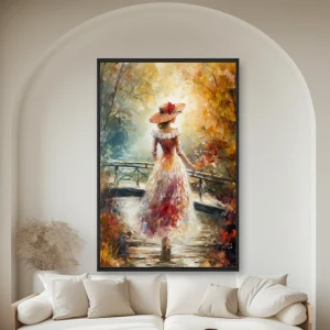 Bir Köprüde Yürüyen Bir Elbise Ve Şapka İçinde Bir Kadın — Kanvas Tablo