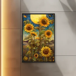 Arka Planda Dolunay İle Ayçiçeği — Kanvas Tablo