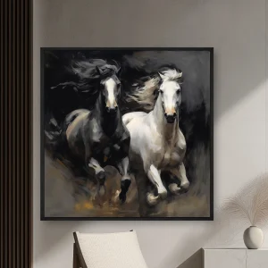 Siyah Arka Planla Karanlıkta Çalışan İki Beyaz At — Kanvas Tablo