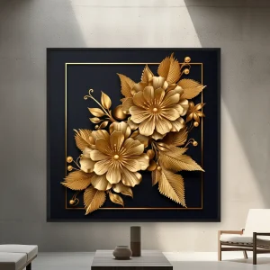 Altın Çiçekler Ve Altın Çerçeveli Siyah Arka Planda Yapraklar — Kanvas Tablo
