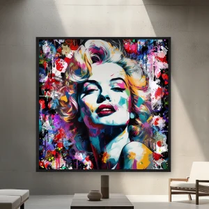 Bir Marilyn Monroe Portresini Renkli Boya Sıçramaları İle Siyah B Üzerinde — Kanvas Tablo