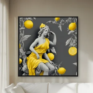 Limonlarla Çevrili Sarı Elbiseli Bir Kadın Heykeli — Kanvas Tablo