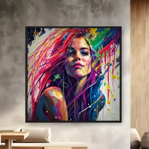 Uzun Saçlı Ve Renkli Boya Sıçramaları Olan Bir Kadının Parlak Renkli — Kanvas Tablo