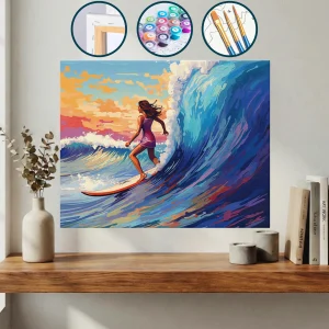 Sörf Tahtasındaki Kadın Okyanusta Dalgaya Biniyor — Sayılarla Boyama Seti