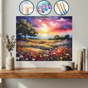 Arka Planda Gün Batımı Olan Çiçek Tarlası — Sayılarla Boyama Seti