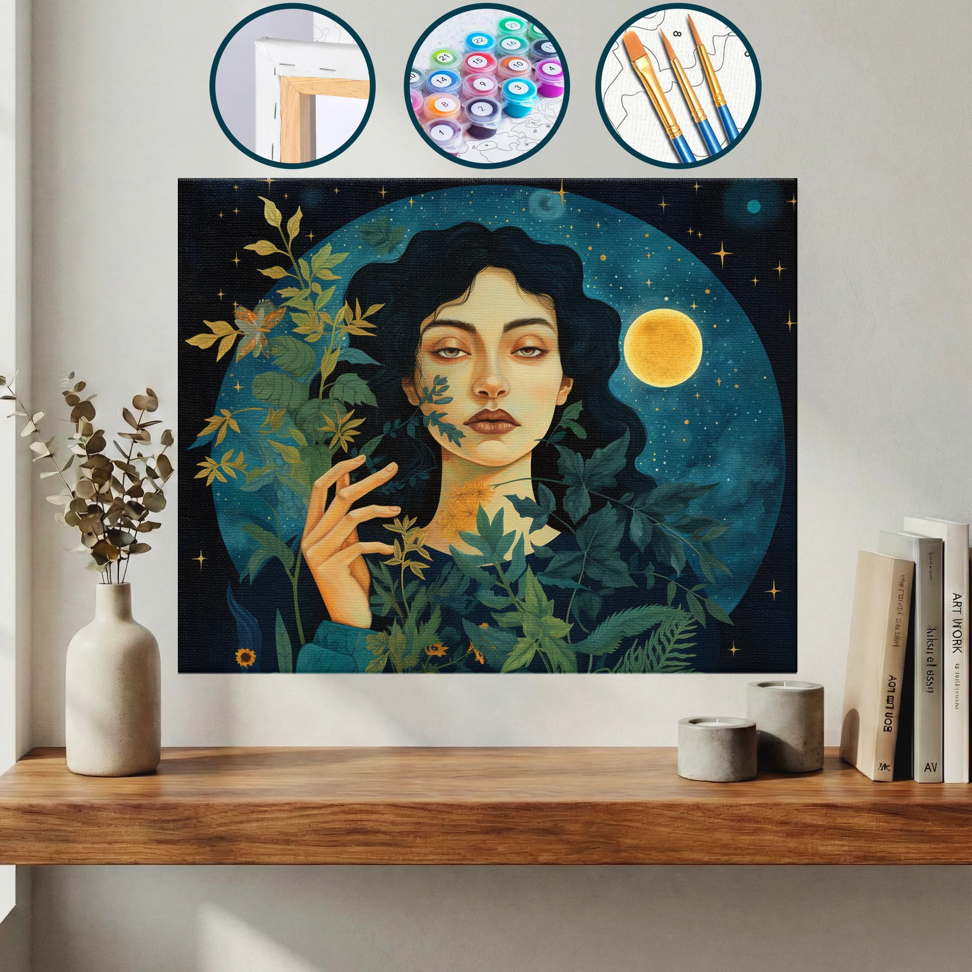 Dolunay Önünde Bitki Tutan Kadın — Sayılarla Boyama Seti