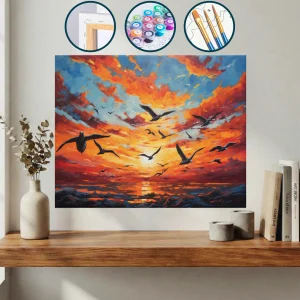 Gün Batımında Okyanusun Üzerinde Uçan Martılar Sürüsü — Sayılarla Boyama Seti