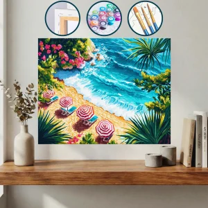 Sahilde Suyun Kenarında Birçok Şemsiye Ve Sandalye — Sayılarla Boyama Seti