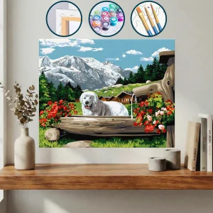 Çimlerde Bir Kütük Üzerinde Oturan Beyaz Köpek — Sayılarla Boyama Seti