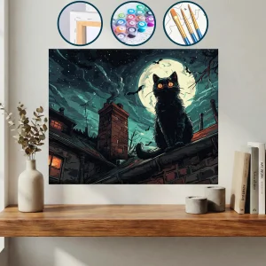 Dolunay Önünde Çatıda Oturan Kara Kedi — Sayılarla Boyama Seti