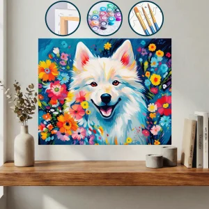 Mavi Arka Planda Renkli Çiçeklerle Çevrili Beyaz Köpek — Sayılarla Boyama Seti