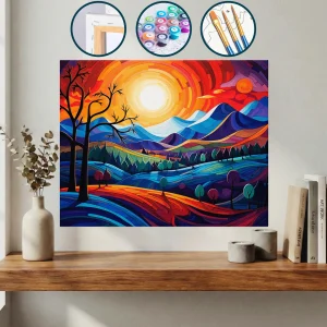 Arka Planda Ağaçlar Ve Dağlar İle Renkli Manzara — Sayılarla Boyama Seti