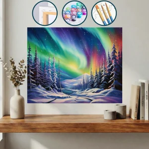 Ağaçlarla Karlı Bir Manzaranın Üzerinde Renkli Aurora Deliği — Sayılarla Boyama Seti