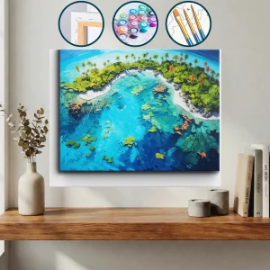 Palmiye Ağaçları Ve Mavi Suyla Havadan Tropikal Bir Ada — Sayılarla Boyama Seti