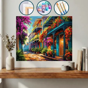 Çiçekler Ve Binalarla Dolu Bir Caddenin Görüntüsü — Sayılarla Boyama Seti