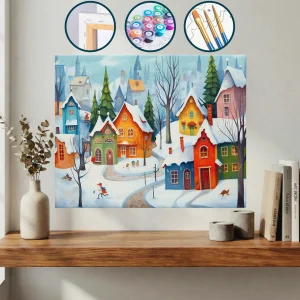 Ağaçlar Ve Bisikletli Bir Kişiyle Karlı Bir Köyde Renkli Evlerin Tablosu — Sayılarla Boyama Seti