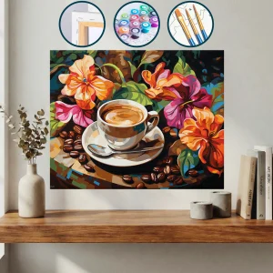 Bir Fincan Kahve Ve Kahve Çekirdekleri Bir Masada — Sayılarla Boyama Seti