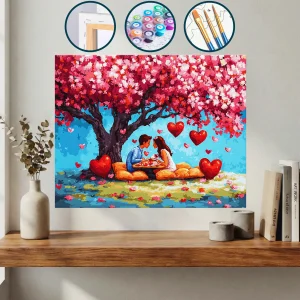 Bir Ağacın Altında Oturan İki Kişi Kalpleri Yerde — Sayılarla Boyama Seti