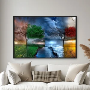 Bir Su Akışı Ve Bulutlu Bir Gökyüzünün Yanındaki Bir Tarlada Üç Ağaç — Kanvas Tablo