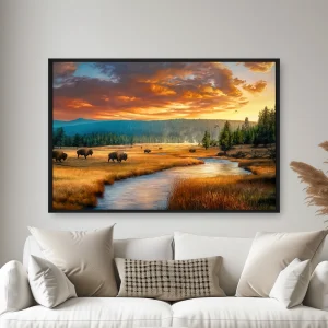 Bir Nehrin Yanındaki Bir Tarlada Yürüyen Bir Bizon Sürüsünün — Kanvas Tablo