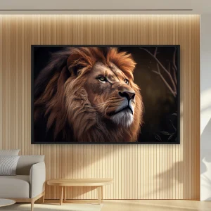 Arka Planda Bir Ağaç Olan Bir Aslan Yüzünün Yakın Bir Kısmı — Kanvas Tablo