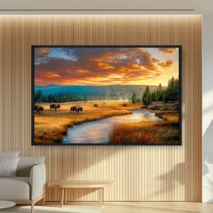 Bir Nehrin Yanındaki Bir Tarlada Yürüyen Bir Bizon Sürüsünün — Kanvas Tablo