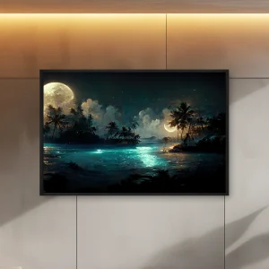 Palmiye Ağaçları Ve Dolunay İle Tropikal Bir Adanın Gece Sahnesi — Kanvas Tablo
