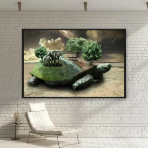 Arka Planda Fil Ve Geyik İçeren Bir Kaplumbağa Görüntüsü — Kanvas Tablo