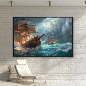 Büyük Bir Su Kütlesinin Ortasında Bir Gemi — Kanvas Tablo