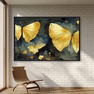 Siyah Bir Arka Planda Bir Grup Sarı Kelebekler — Kanvas Tablo