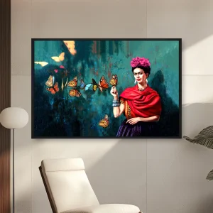 Bir Sürü Kelebek Tutan Kırmızı Elbiseli Bir Kadın — Kanvas Tablo