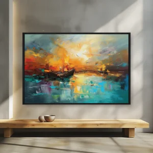 Gün Batımında Su Kütlesindeki Bir Teknenin Soyut Resim — Kanvas Tablo