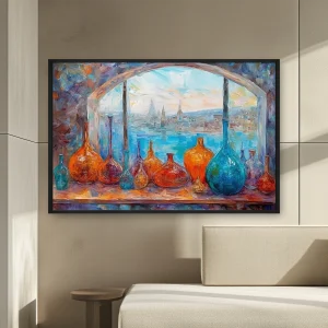 Bir Şehir Manzarasının Önünde Bir Pencere Eşiği Üzerinde Oturan Renkli Vazolar — Kanvas Tablo