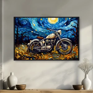 Geceleri Bir Tarlaya Park Edilmiş Bir Motosiklet — Kanvas Tablo